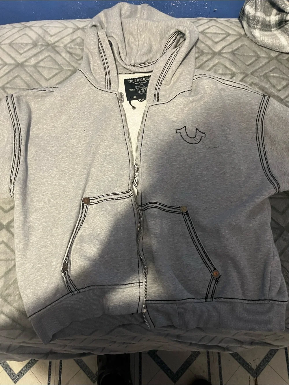 True Religion Gray and Black Graphic Puffer Jacket